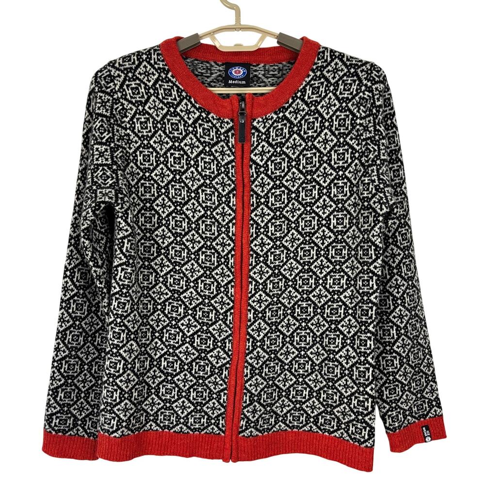 Icewear Iceland Full Zip Sweater Wool Blend Snowflake Fair Isle Black Red Medium